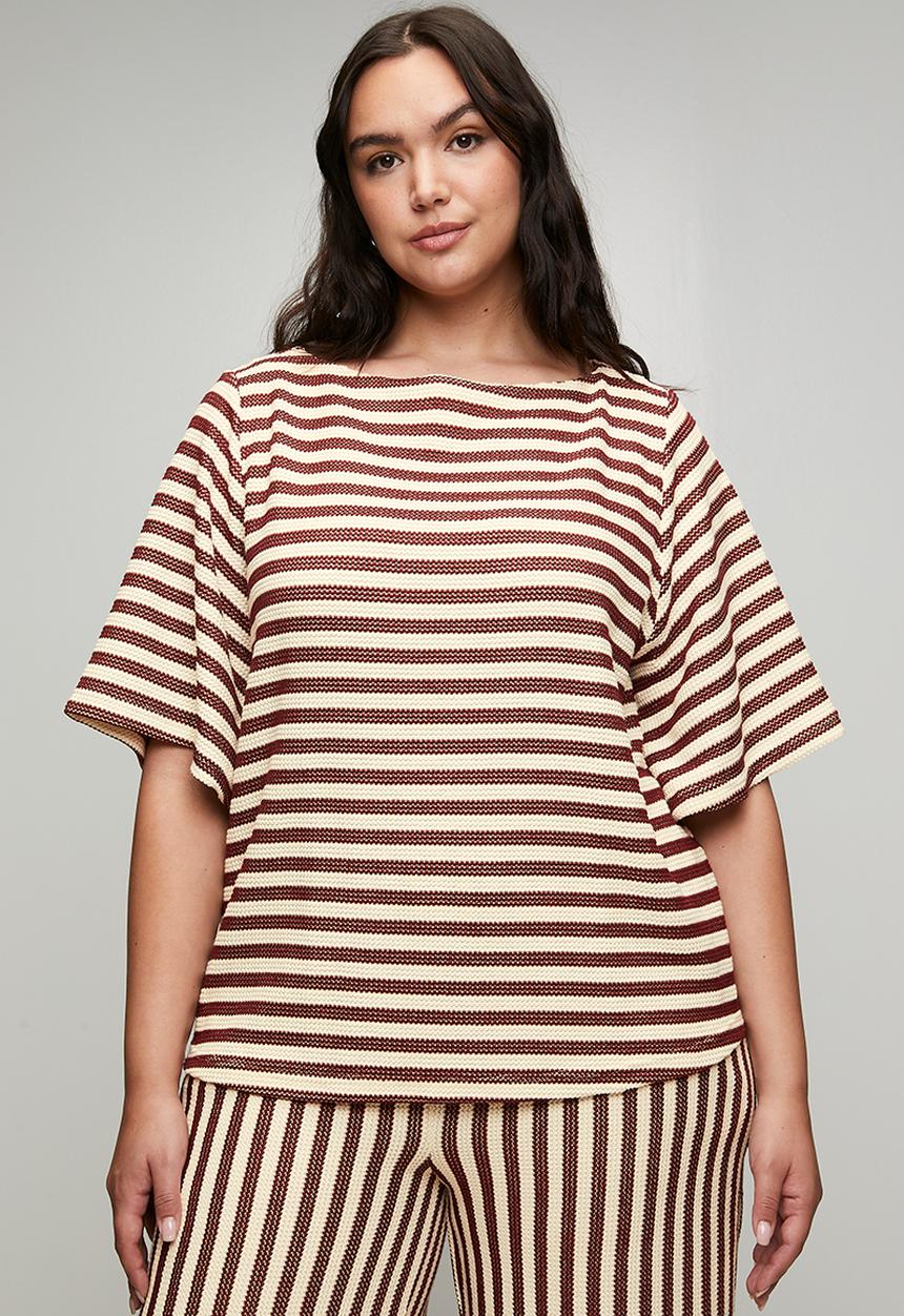 Me&B - Plus Knitted Stripe Tee - Choc/Milk