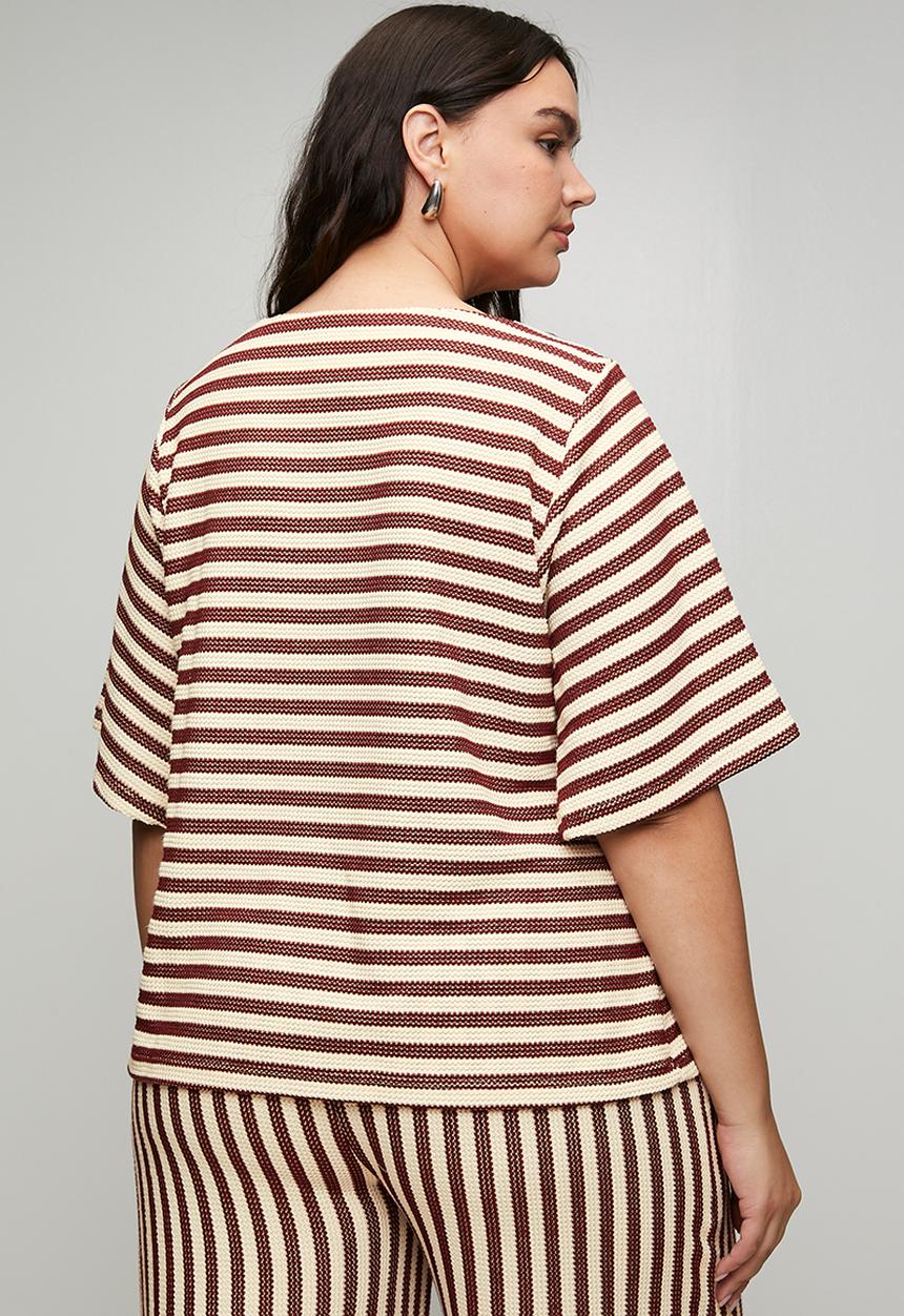 Me&B - Plus Knitted Stripe Tee - Choc/Milk