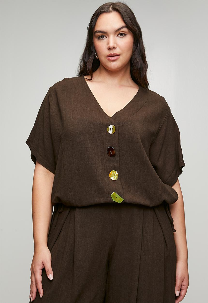 Me&B - Plus Perpex Button Detail Dolman Sleeve Top  - Dark choc