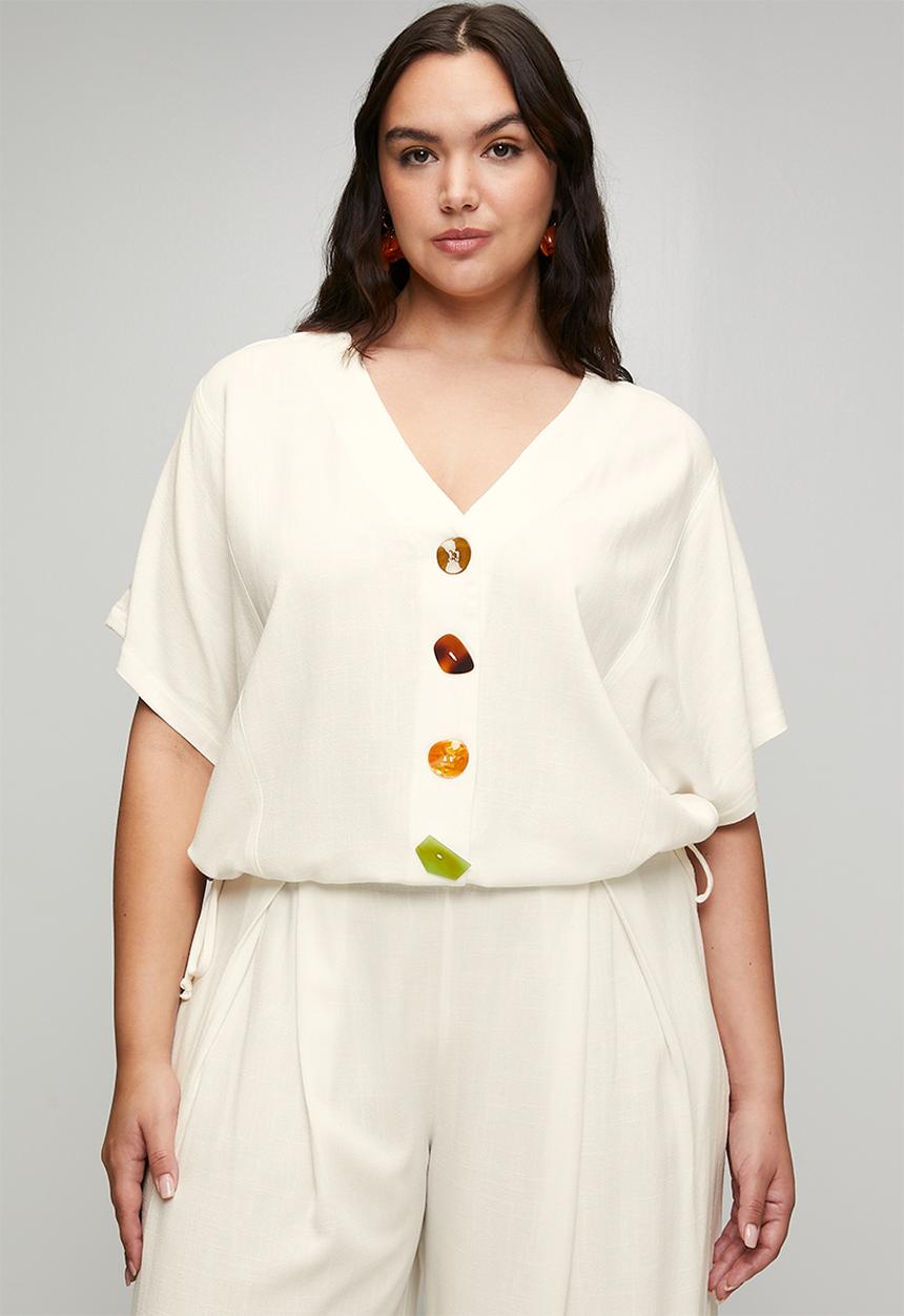 Me&B - Plus Perspex Button Detail Dolman Sleeve Top - Milk