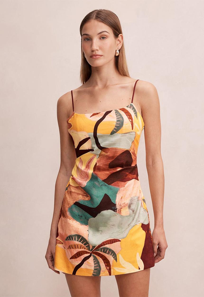 Forever New - Mel strappy linen mini dress in arndale abstract