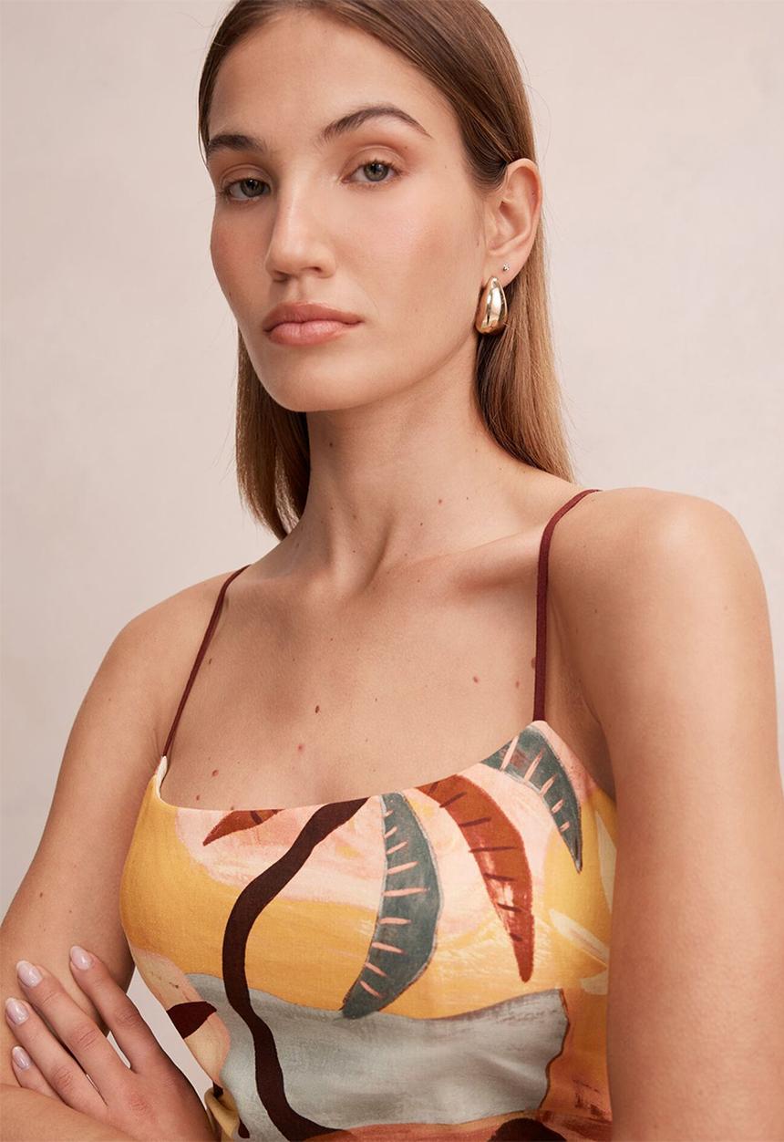 Forever New - Mel strappy linen mini dress in arndale abstract