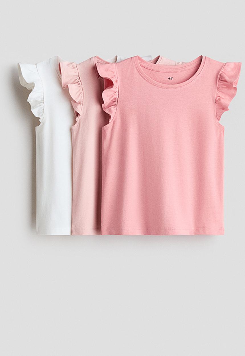 H&M - 3-Pack flutter-sleeved tops - pink/light pink/cream