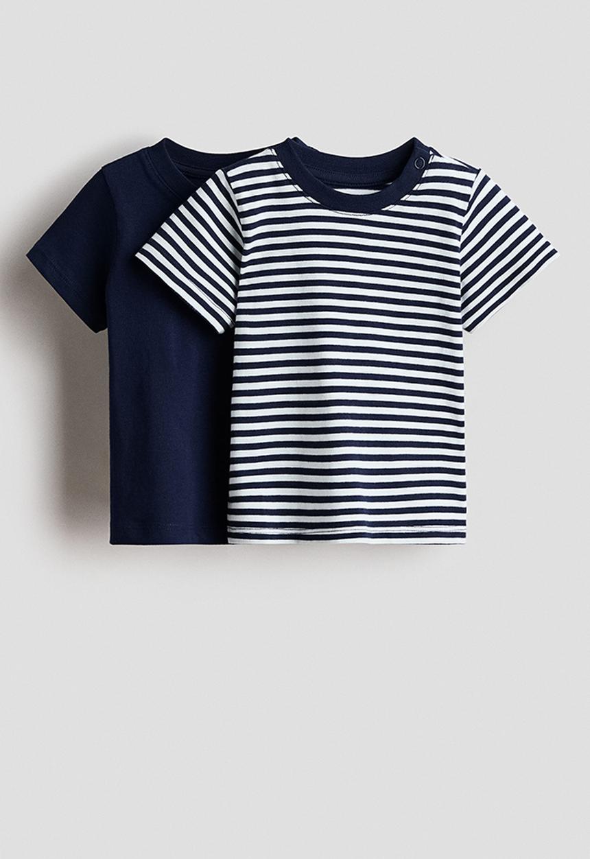 H&M - 2-Pack cotton T-shirts - navy blue/white striped