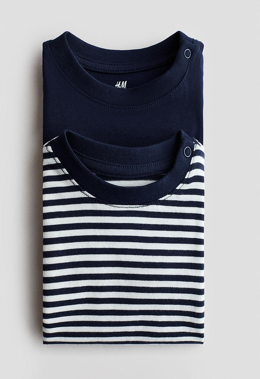 H&M - 2-Pack cotton T-shirts - navy blue/white striped