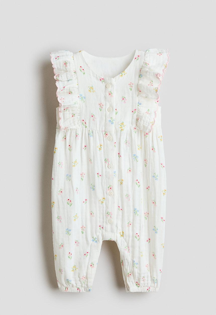 H&M - Frilled muslin romper suit - white/floral