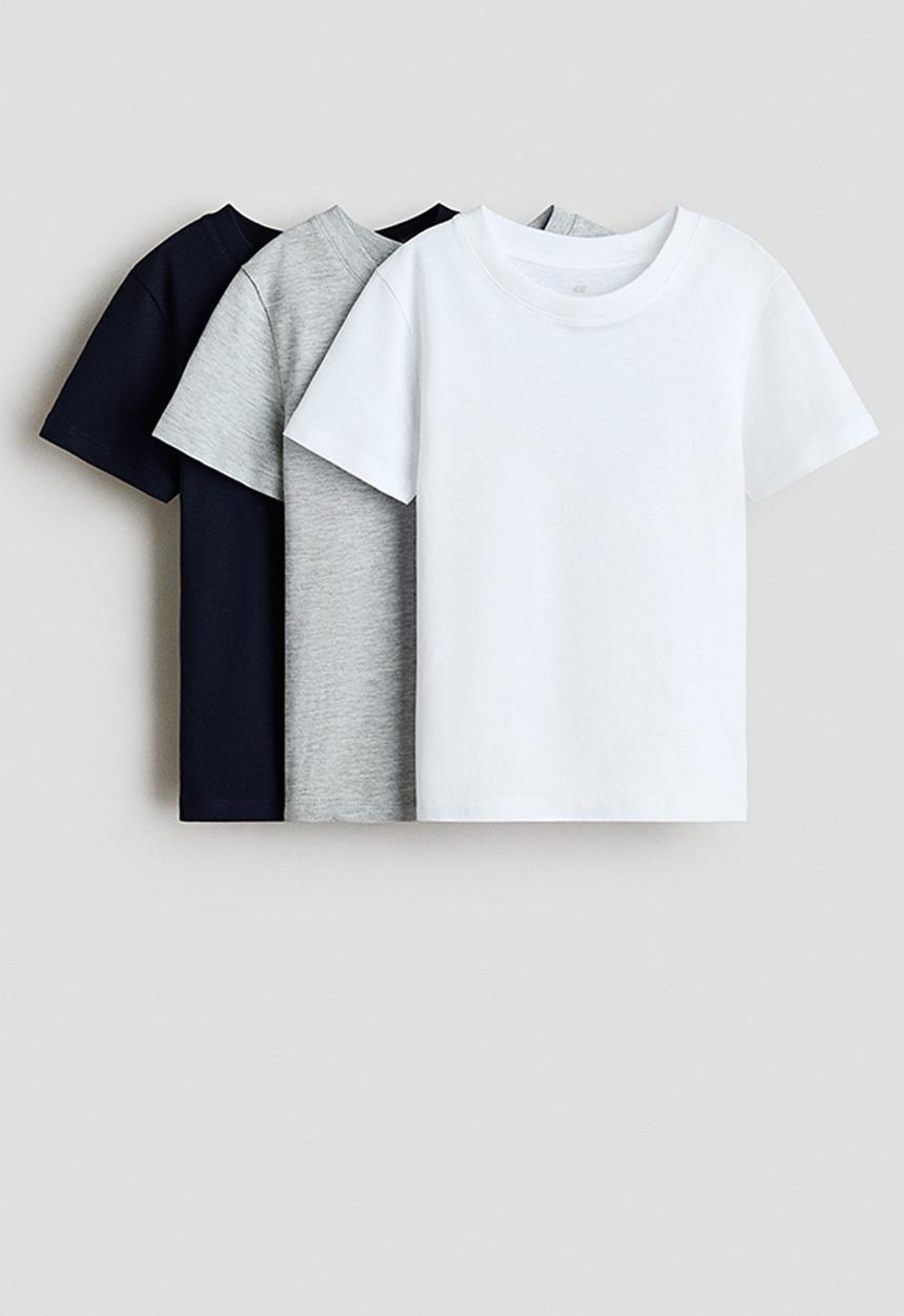H&M - 3-Pack cotton T-shirts - white/grey marl/navy blue
