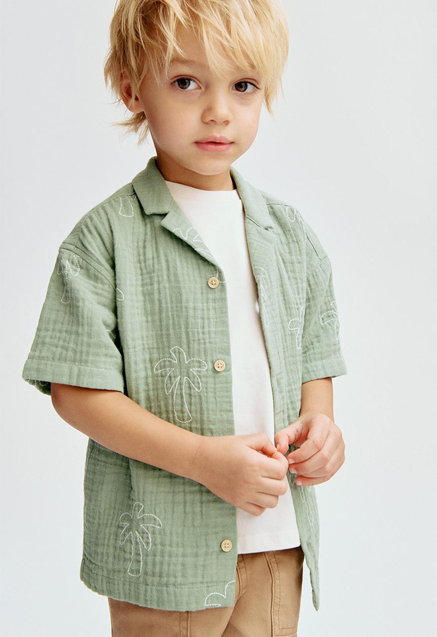 H&M - Embroidered muslin resort shirt - green/palm trees