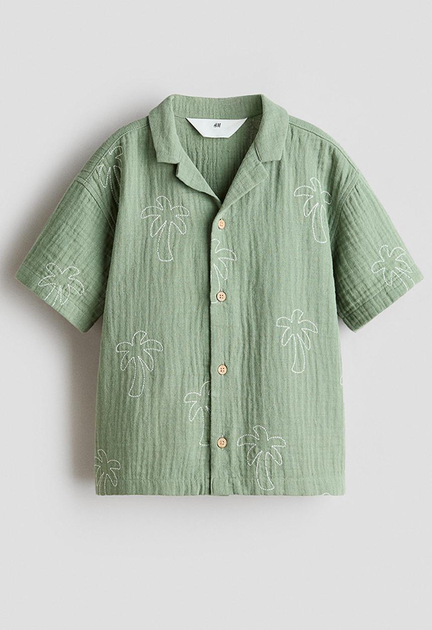 H&M - Embroidered muslin resort shirt - green/palm trees
