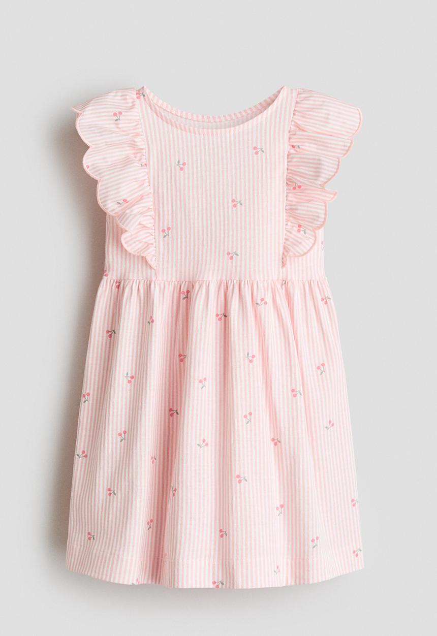 H&M - Flounce-trimmed cotton dress - light pink/cherries