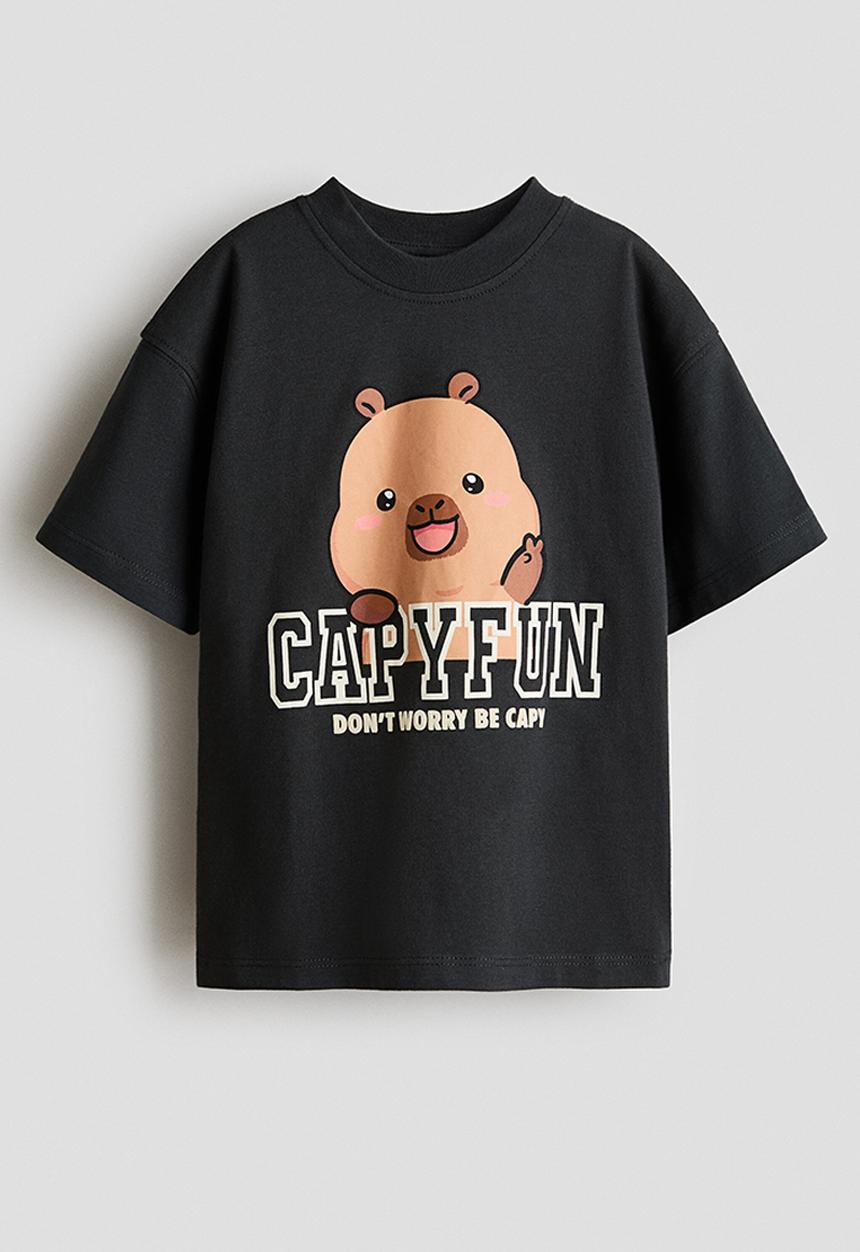 H&M - Loose-fit printed t-shirt - dark grey/capyfun