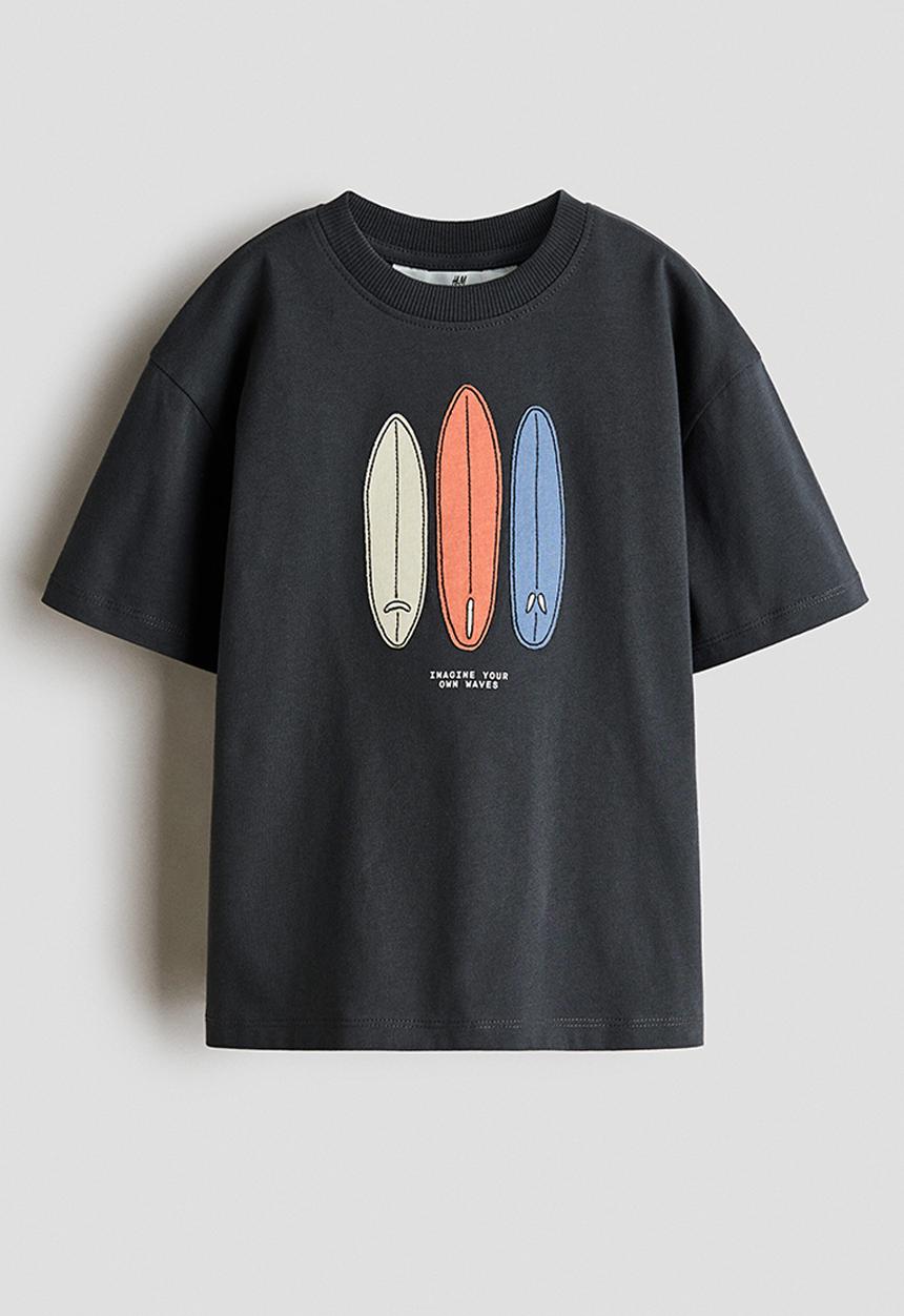 H&M - Embroidered-motif T-shirt - dark grey/surfboards