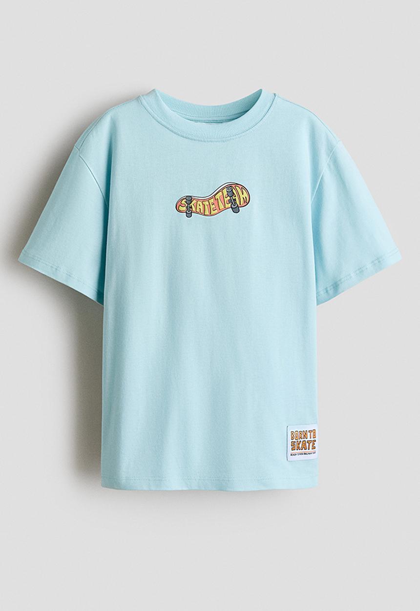 H&M - Printed cotton t-shirt - light turquoise/stay chill