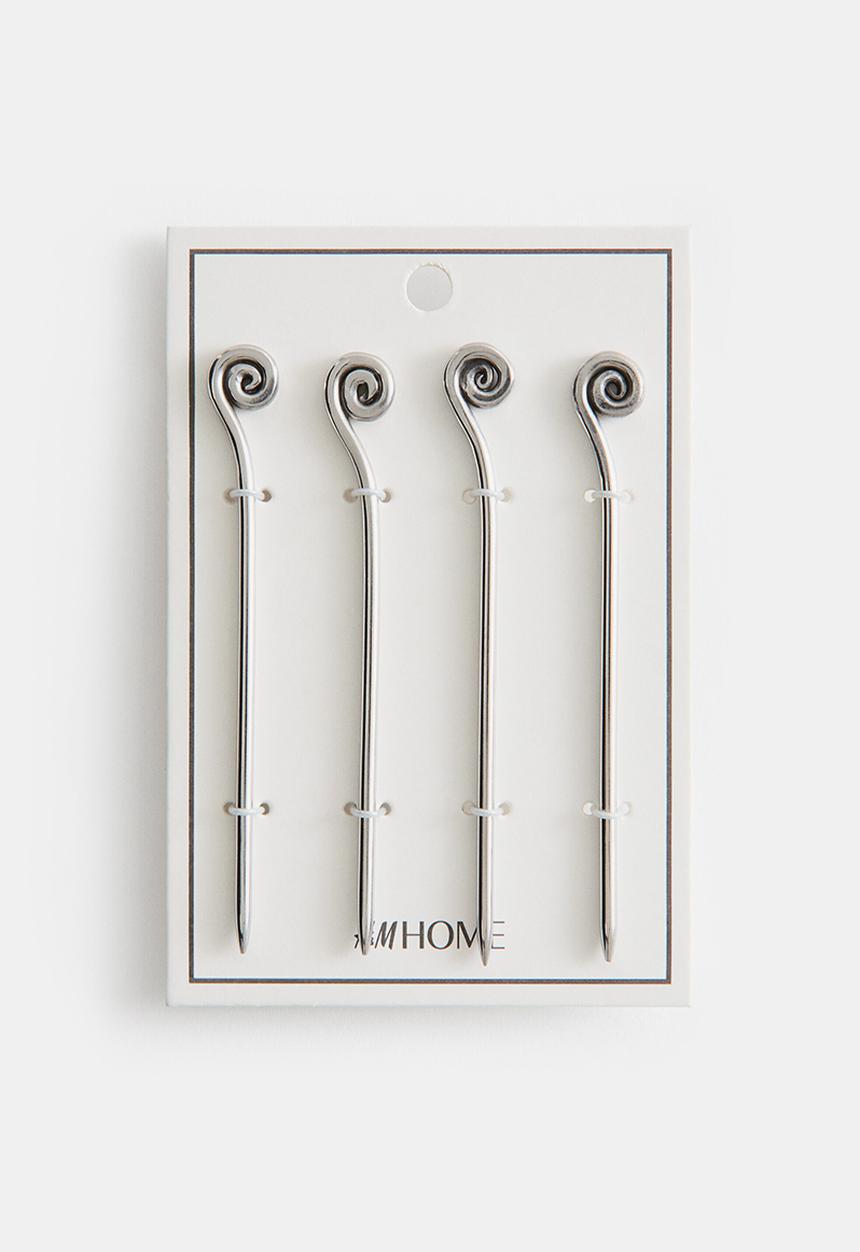 H&M - 4-pack swirl-detail cocktail picks - silver-coloured