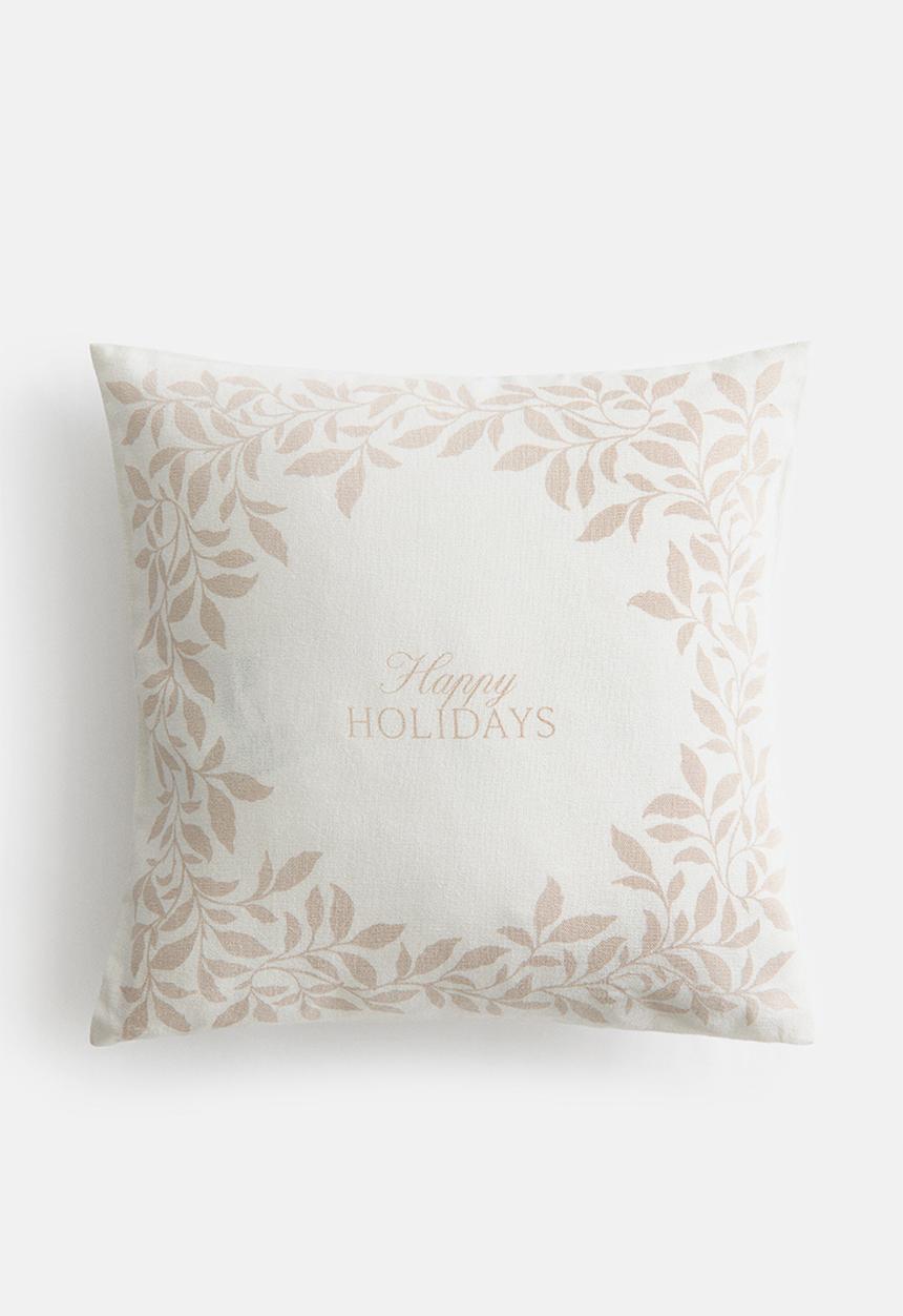 H&M - Printed linen-blend cushion cover - white/happy holidays