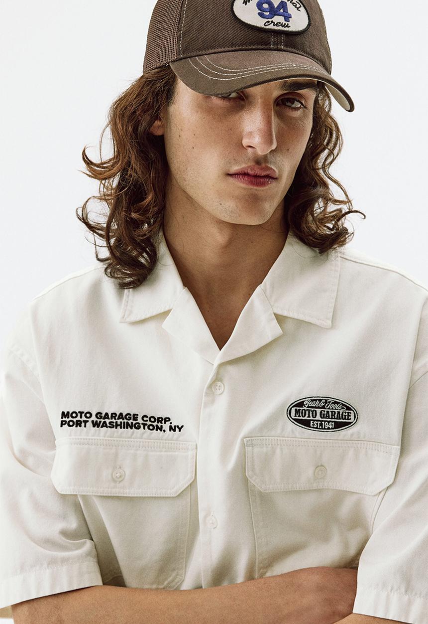 H&M - Relaxed fit short-sleeved utility shirt - white/moto garage