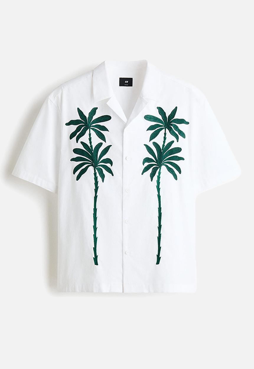 H&M - Relaxed fit embroidered-motif resort shirt - white/palm trees