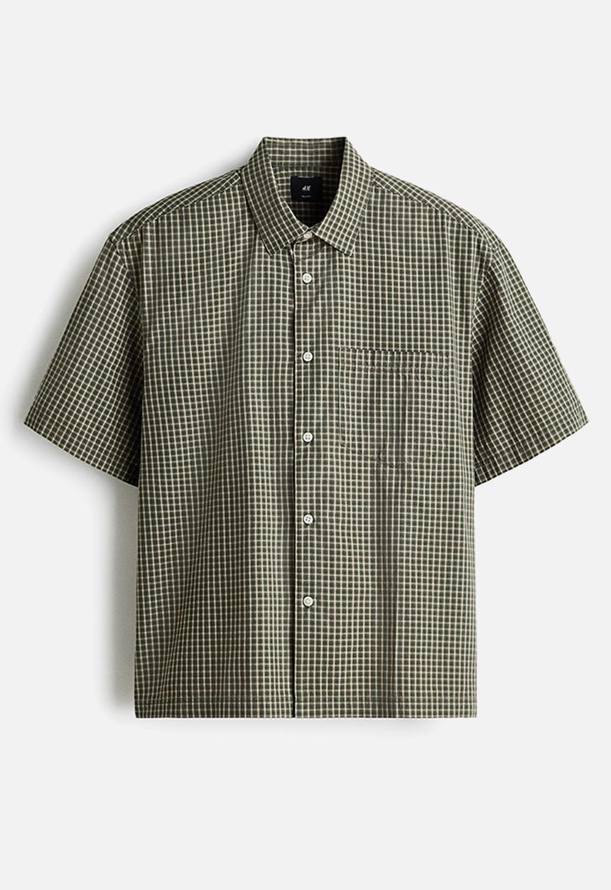 H&M - Relaxed fit cotton shirt - khaki green/checked