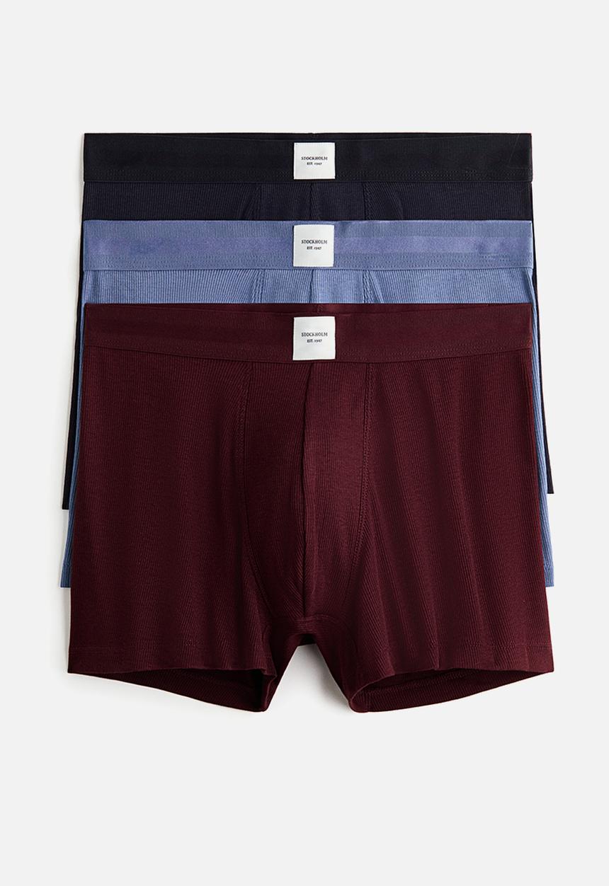H&M - 3-pack ribbed short trunks - black/dusty blue/burgundy