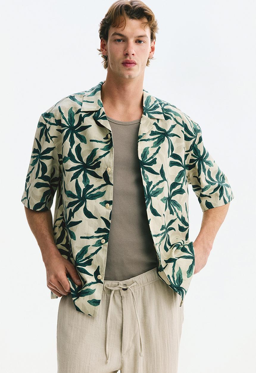 H&M - Relaxed fit cotton resort shirt - dark green/patterned