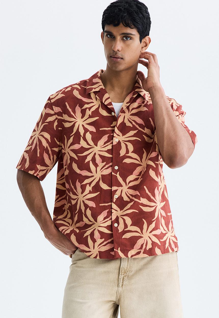 H&M - Relaxed fit cotton resort shirt - rust red/patterned