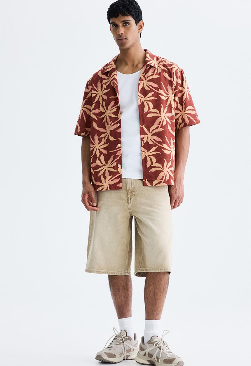 H&M - Relaxed fit cotton resort shirt - rust red/patterned