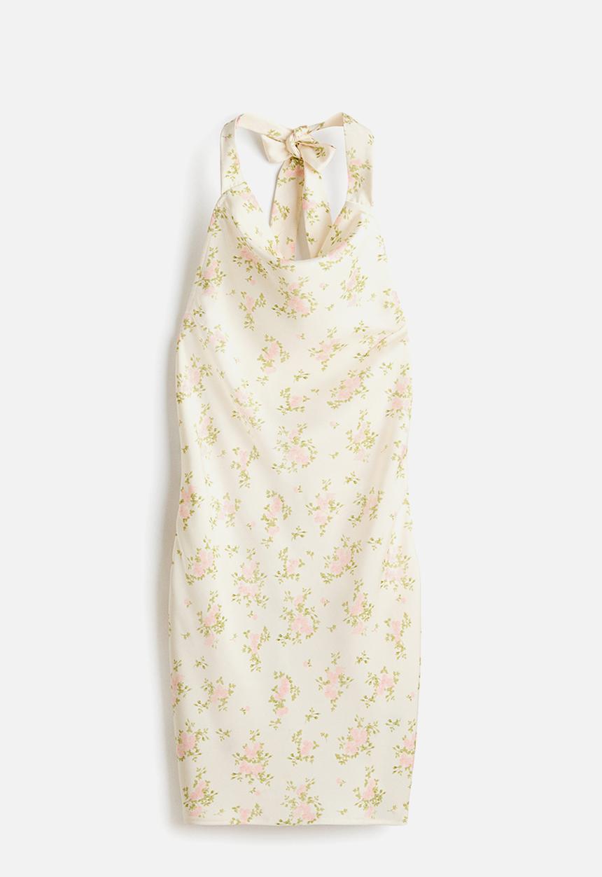H&M - Satin halterneck dress - cream/floral