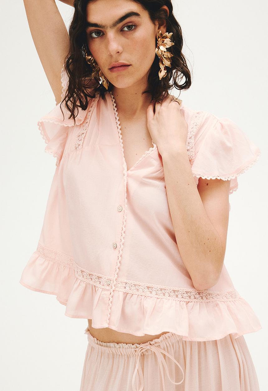 H&M - Lace-inset blouse - light peach pink