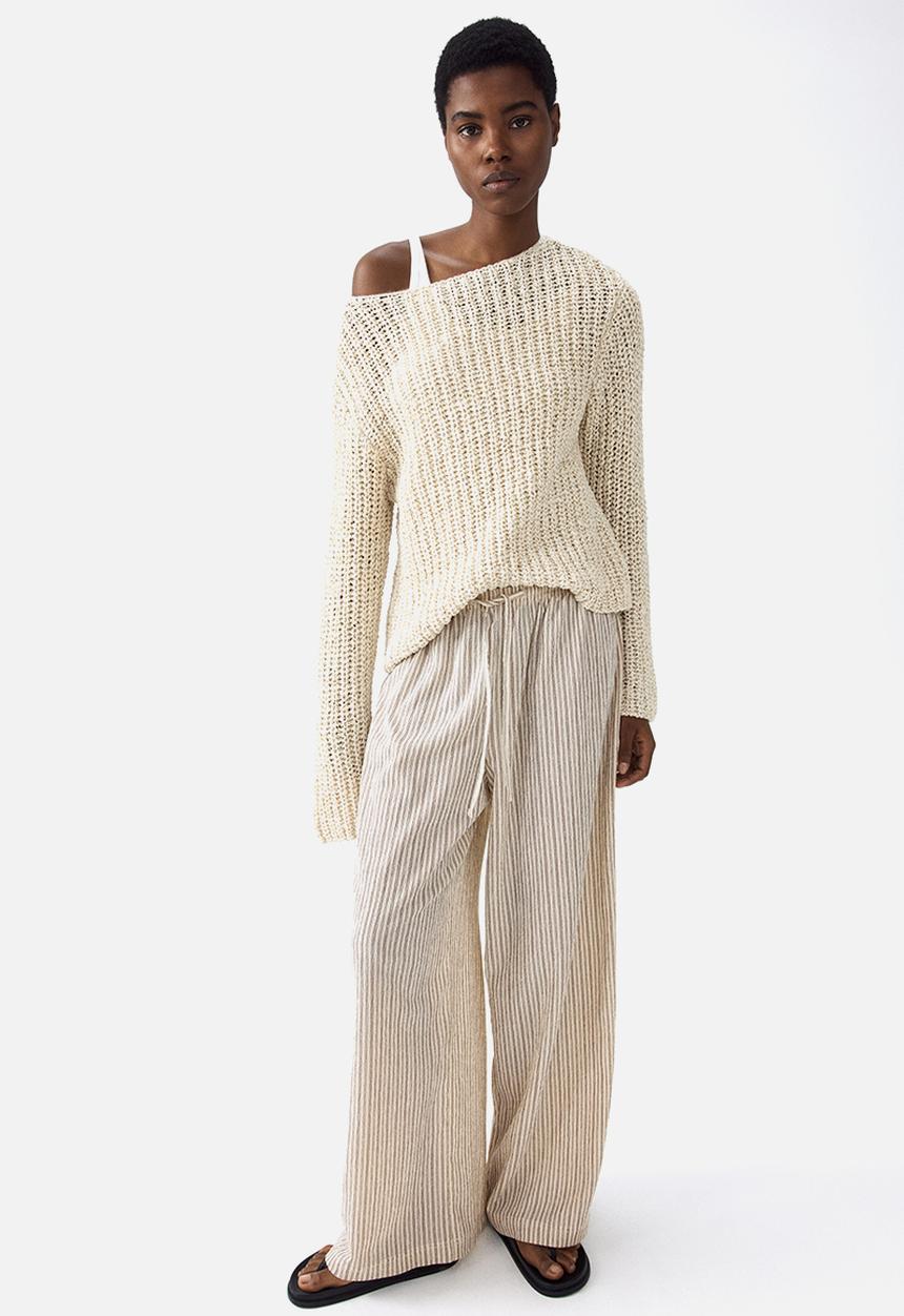 H&M - Wide pull-on trousers - light beige/striped