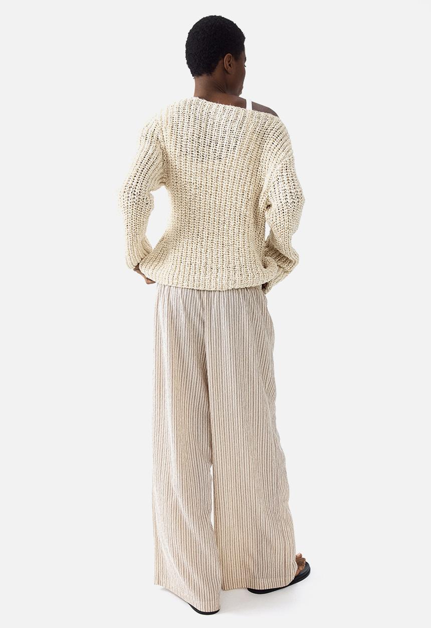 H&M - Wide pull-on trousers - light beige/striped
