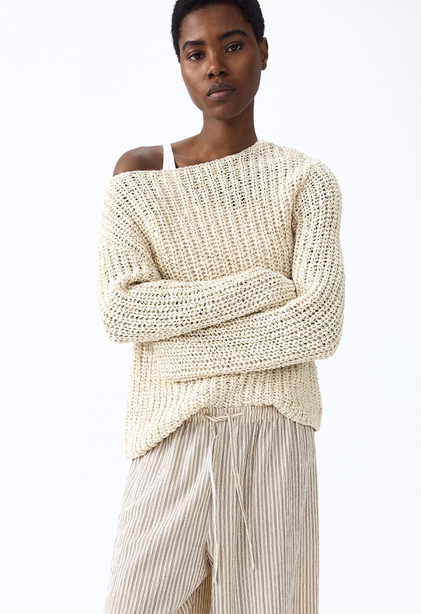 H&M - Wide pull-on trousers - light beige/striped