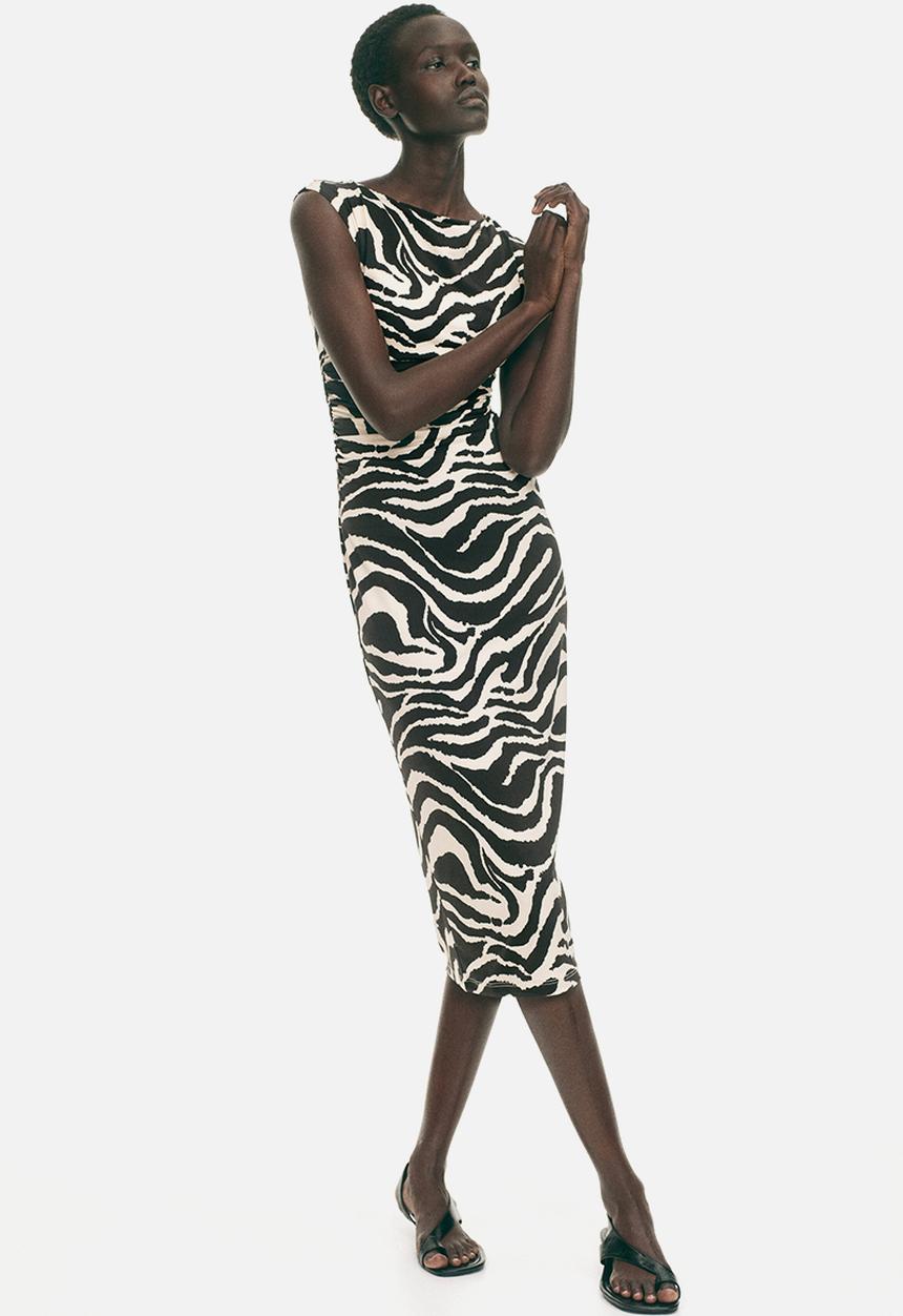 H&M - Cap-sleeved dress - cream/zebra print