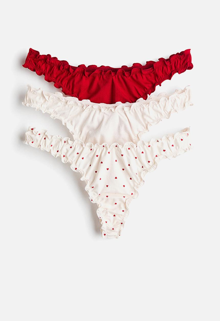 H&M - 3-pack overlock-detail thong briefs - red/hearts