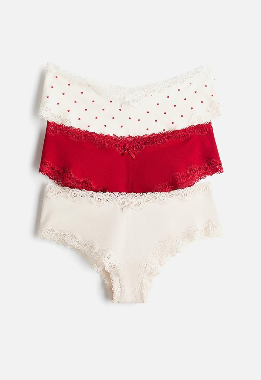 H&M - 3-pack cotton and lace hipster briefs - red/hearts