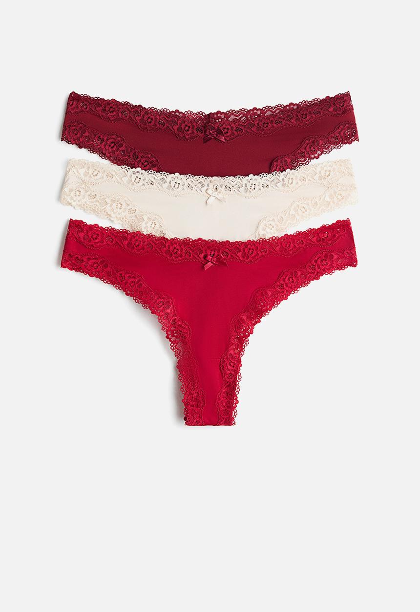 H&M - 3-pack microfibre and lace brazilian briefs - dark red/red