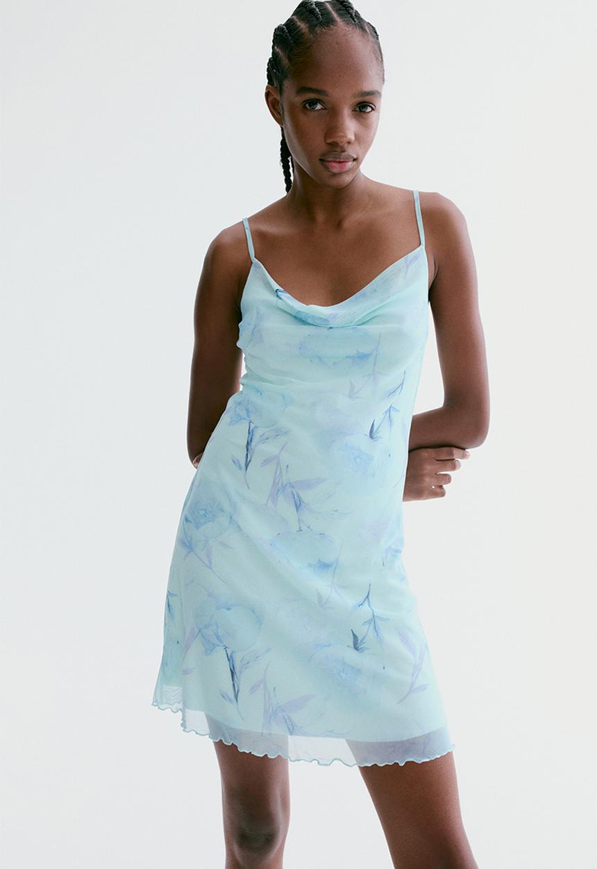 H&M - Mini mesh dress - light turquoise/floral