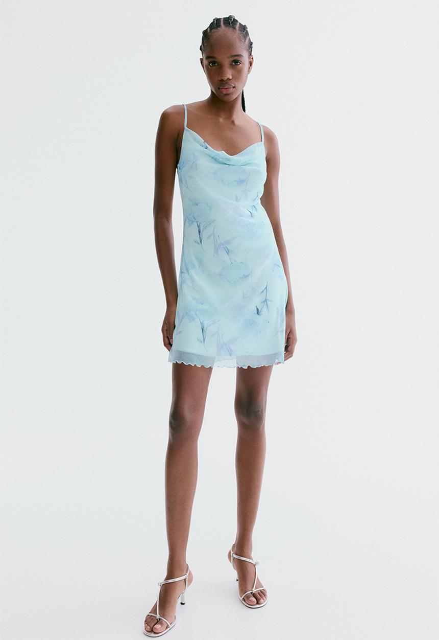 H&M - Mini mesh dress - light turquoise/floral