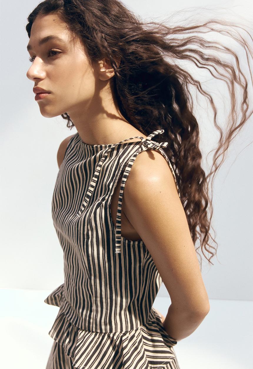 H&M - Linen-blend peplum top - dark grey/striped