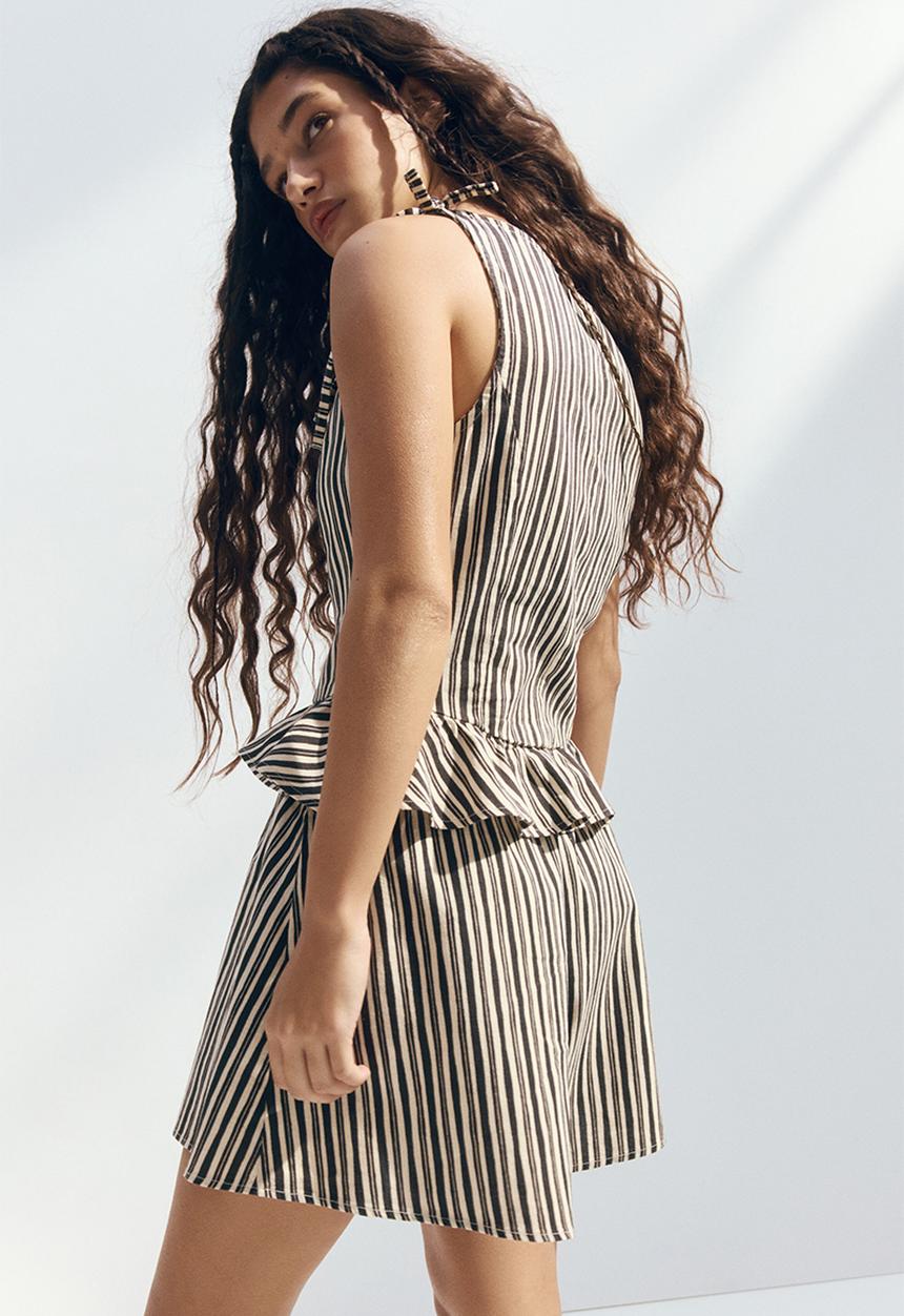 H&M - Linen-blend peplum top - dark grey/striped