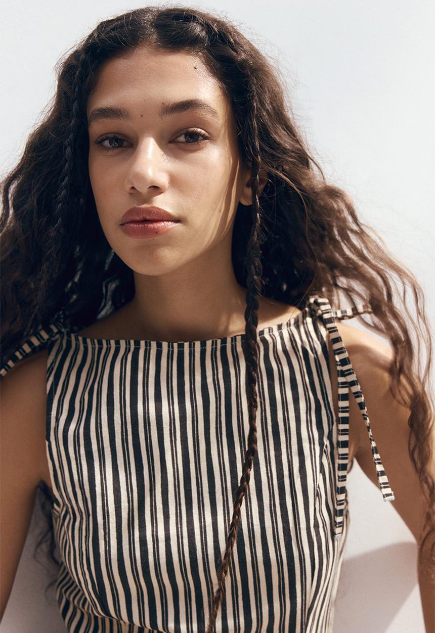 H&M - Linen-blend peplum top - dark grey/striped