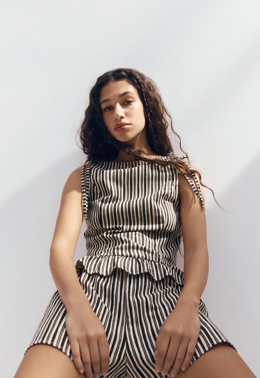 H&M - Linen-blend peplum top - dark grey/striped