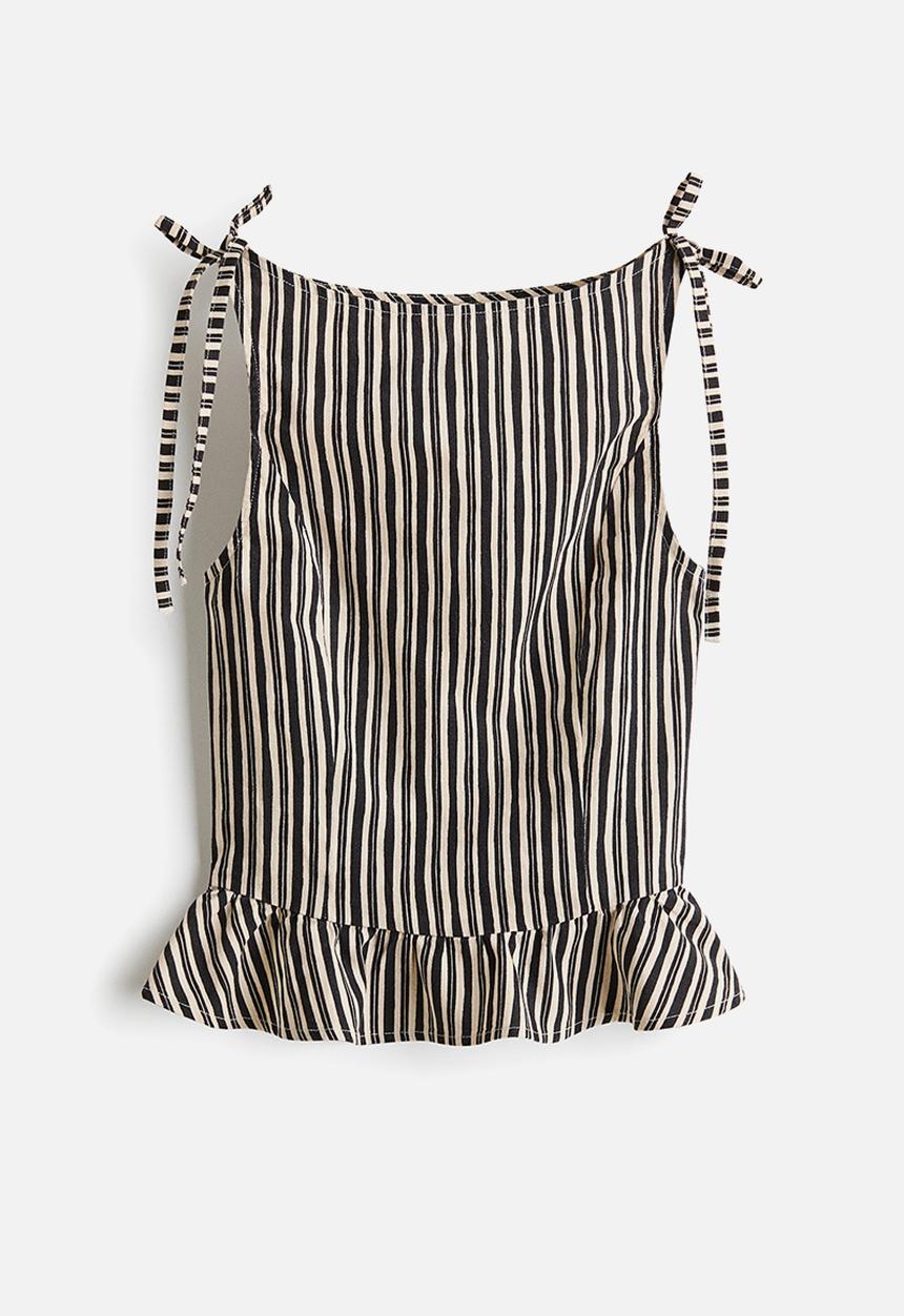 H&M - Linen-blend peplum top - dark grey/striped