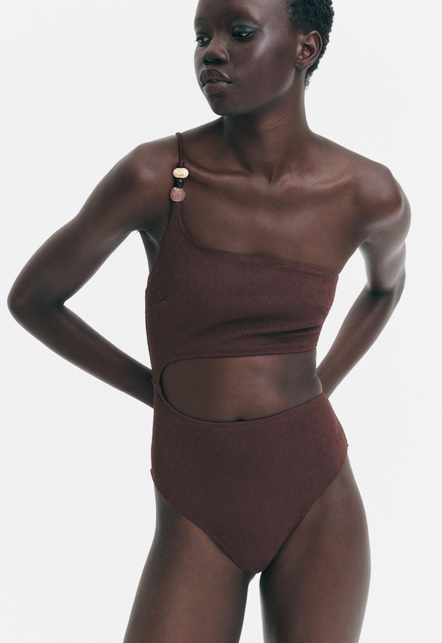 H&M - Padded-cup high leg swimsuit - dark brown