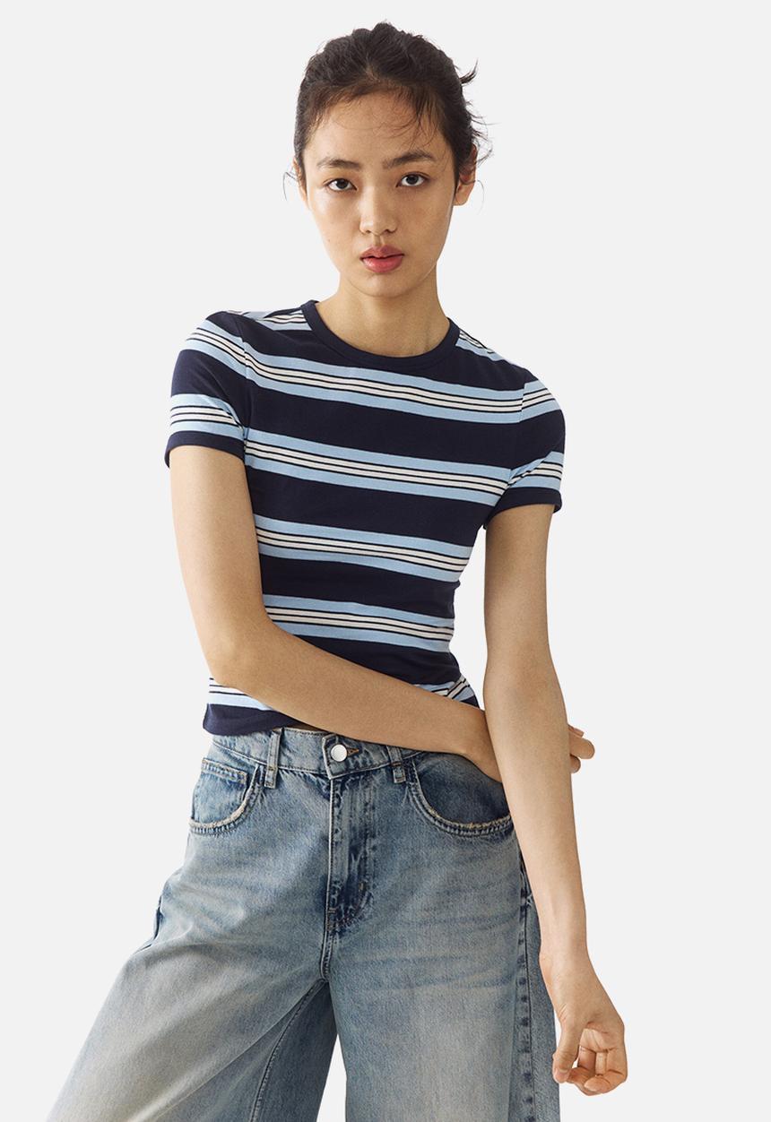 H&M - Fitted cotton t-shirt - navy blue/striped