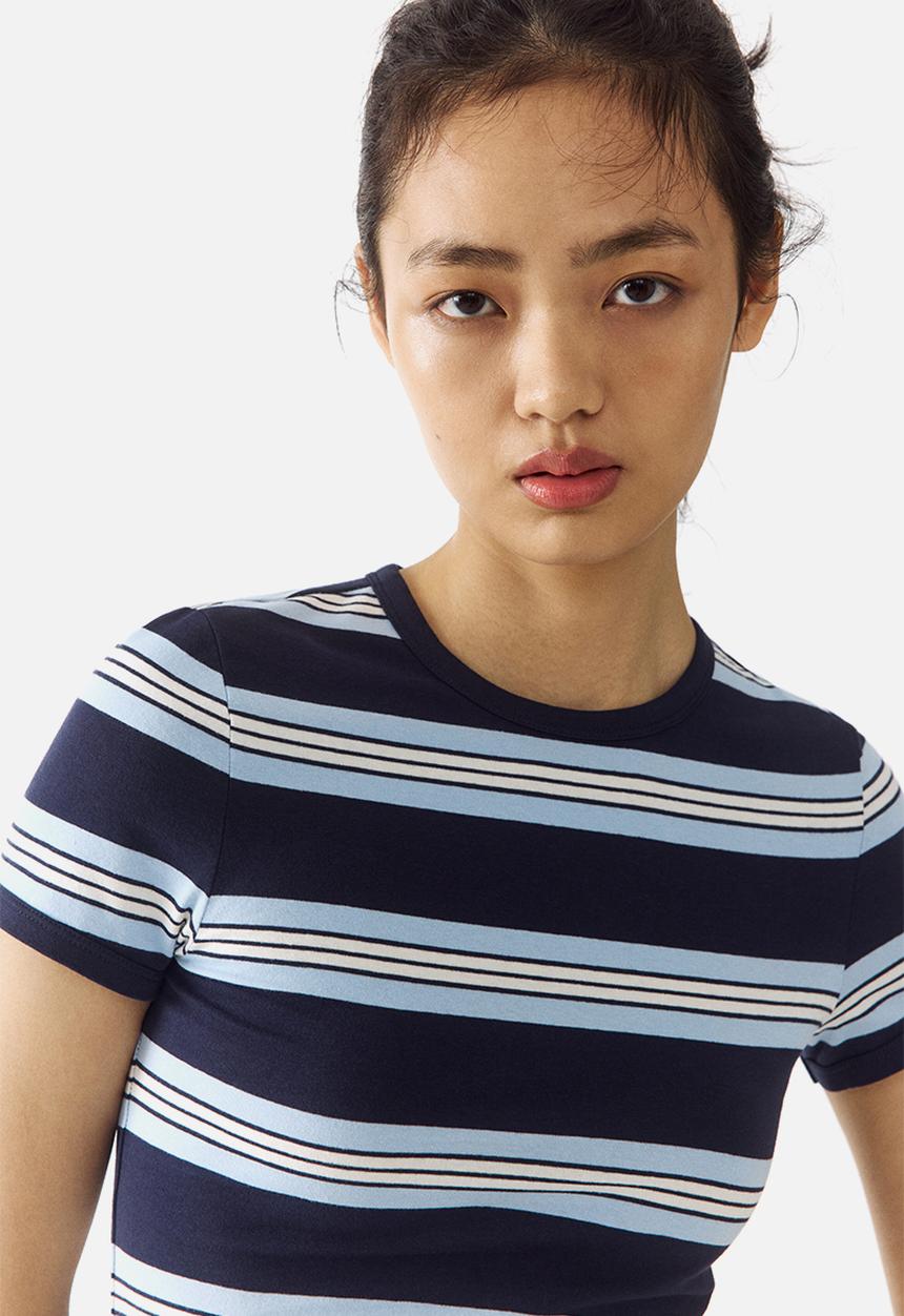 H&M - Fitted cotton t-shirt - navy blue/striped