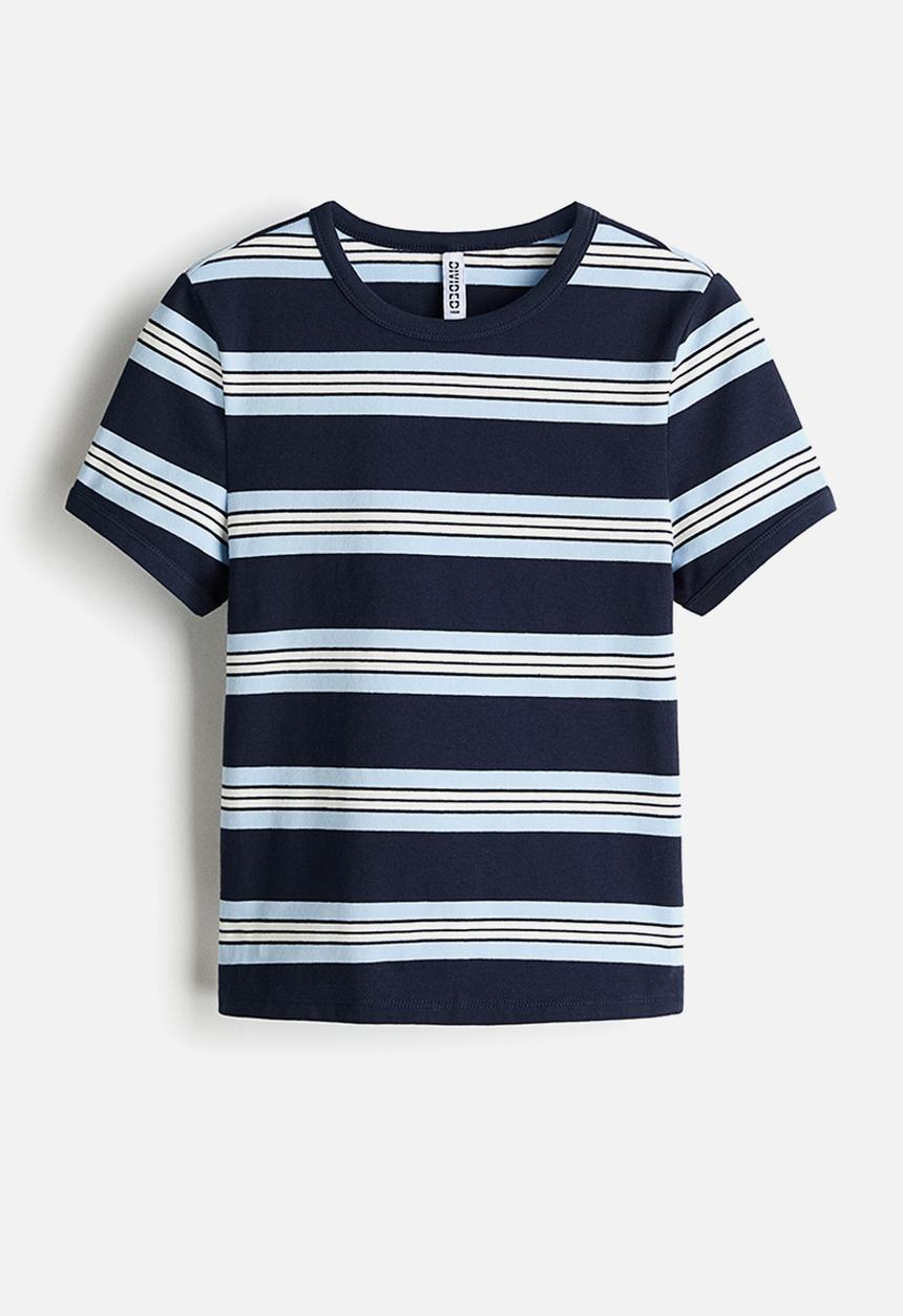 H&M - Fitted cotton t-shirt - navy blue/striped