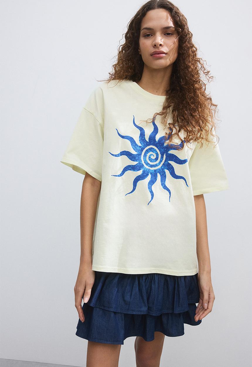 H&M - Oversized print-motif t-shirt - light yellow/sun