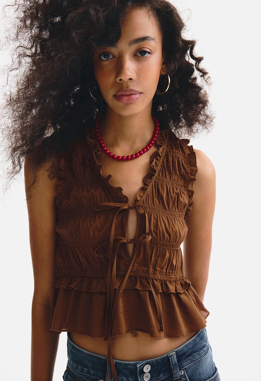 H&M - Tie-detail smocked top - dark brown