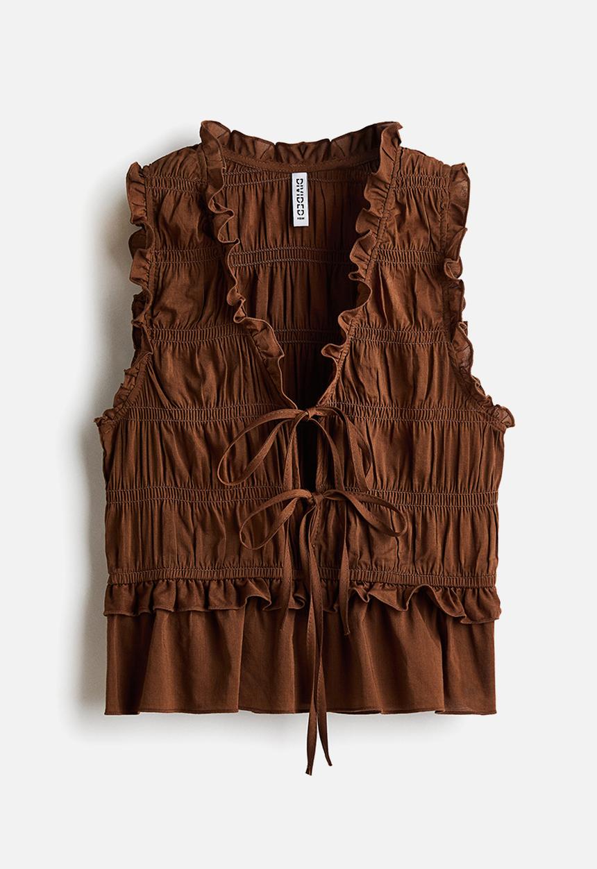 H&M - Tie-detail smocked top - dark brown