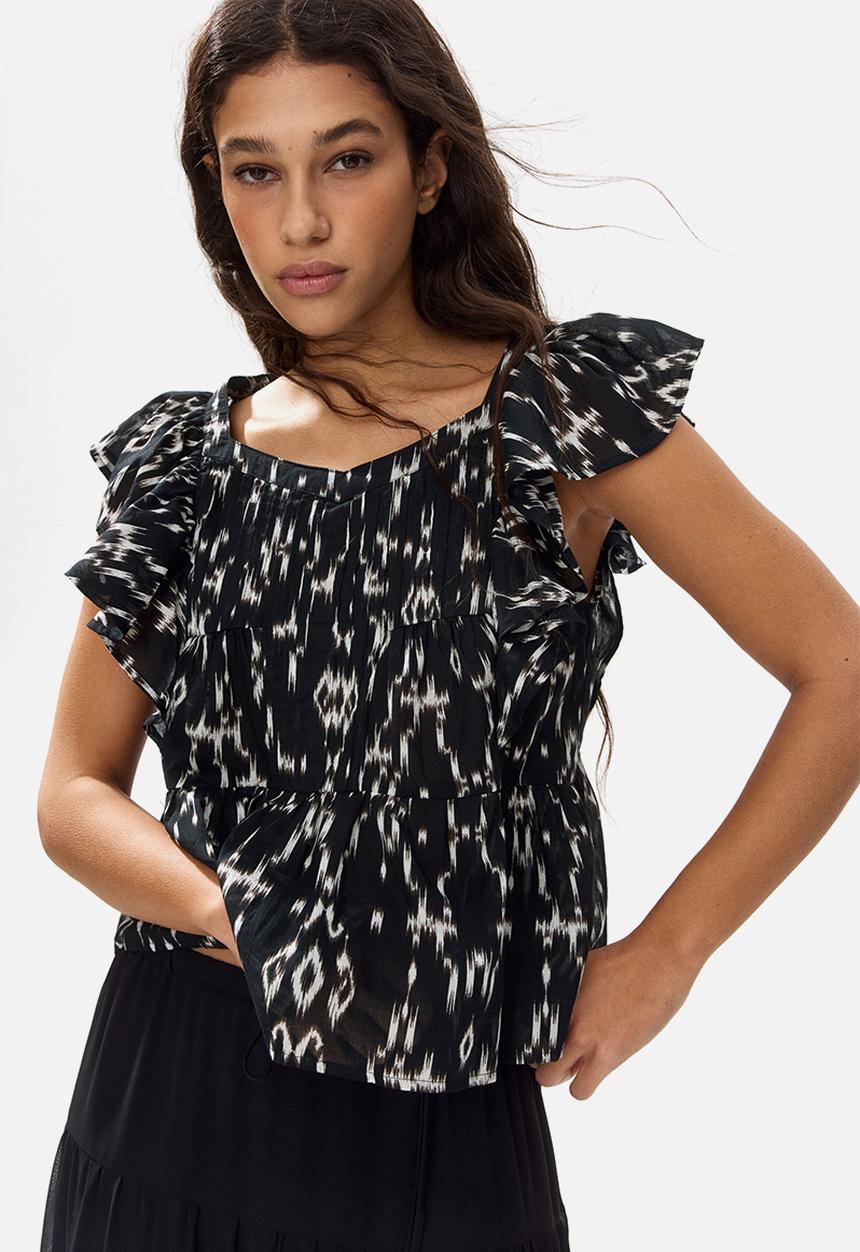 H&M - Frill-trimmed cotton top - dark grey/patterned